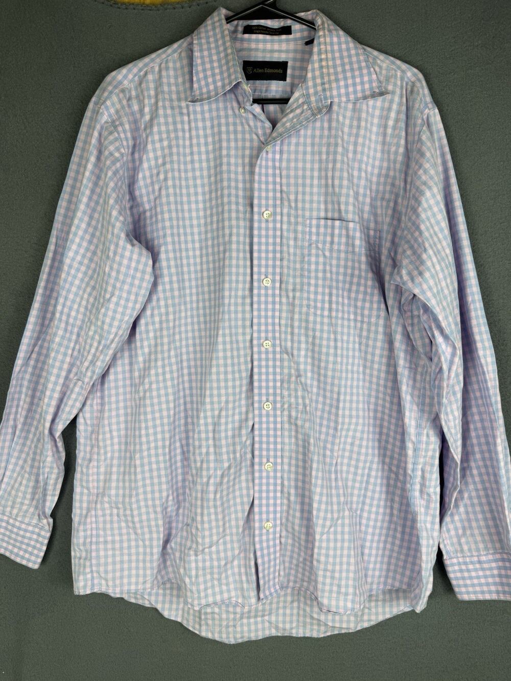 Allen Edmonds Shirt Mens Large Blue Pink Gingham Check Button Down USA Cotton